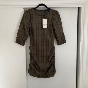 NWT Zara Mini Body-con Dress - Olive Green Plaid Ruched Sides Sz M